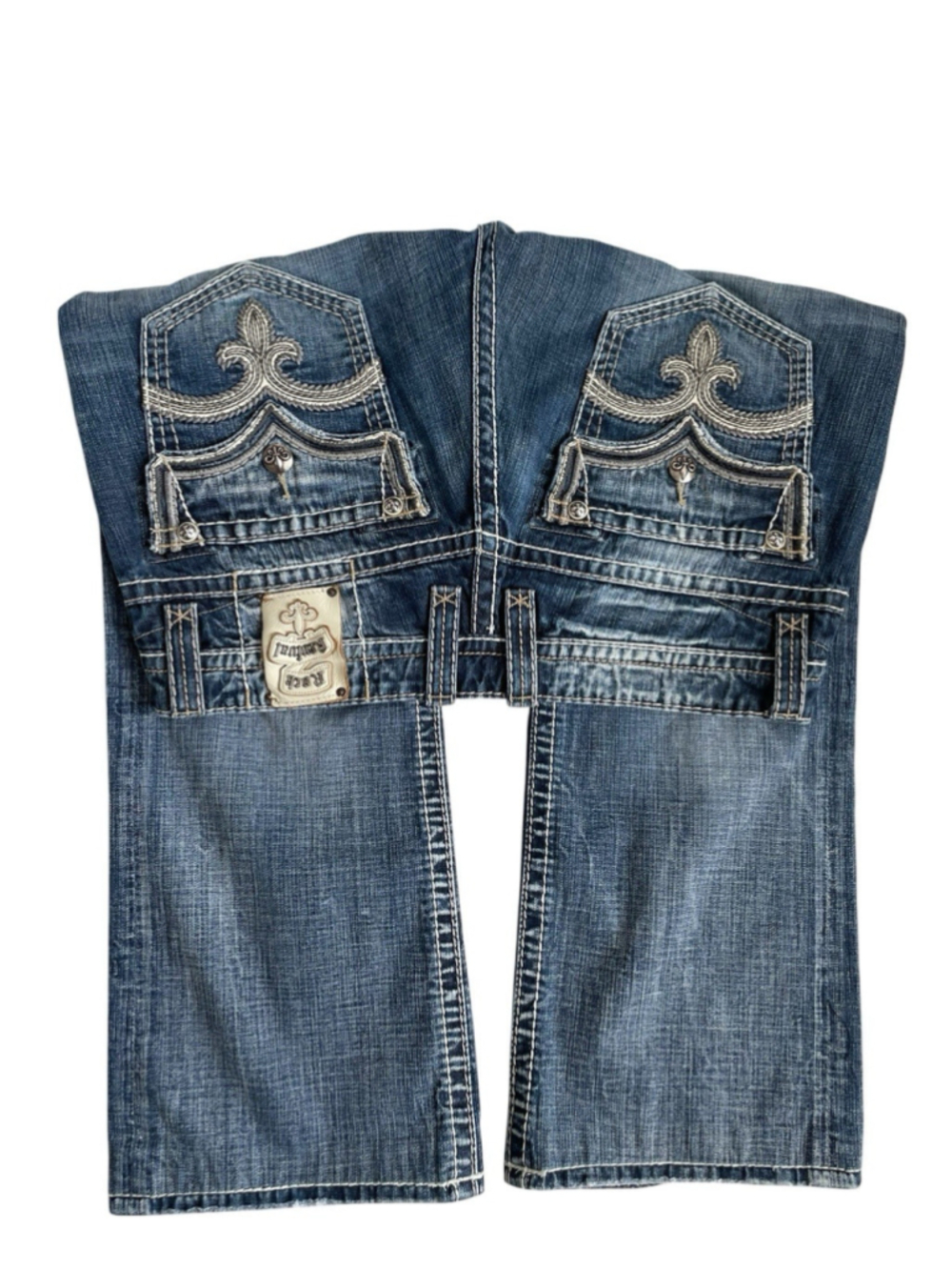 Rock Revival Tucker Boot Cut Jeans Mens 38X30 Blue Thick Stitch Faded